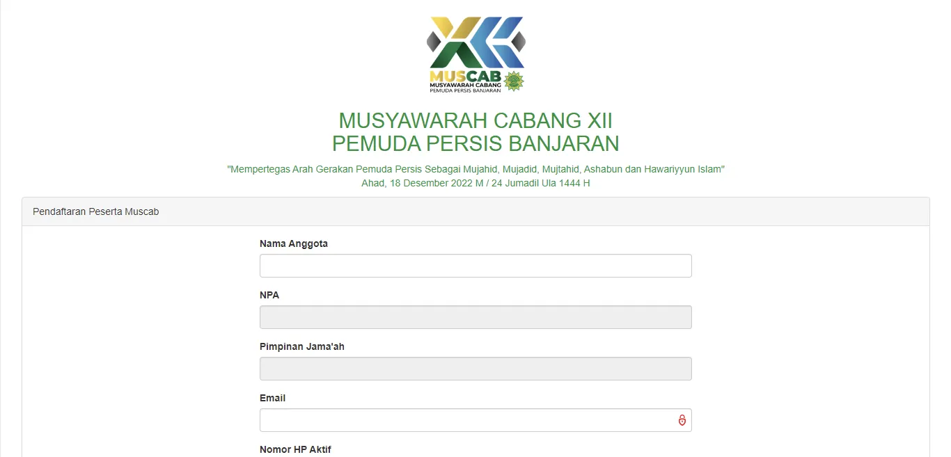 Website Pendaftaran Peserta Musyawarah Cabang XII Pemuda Persis Banjaran