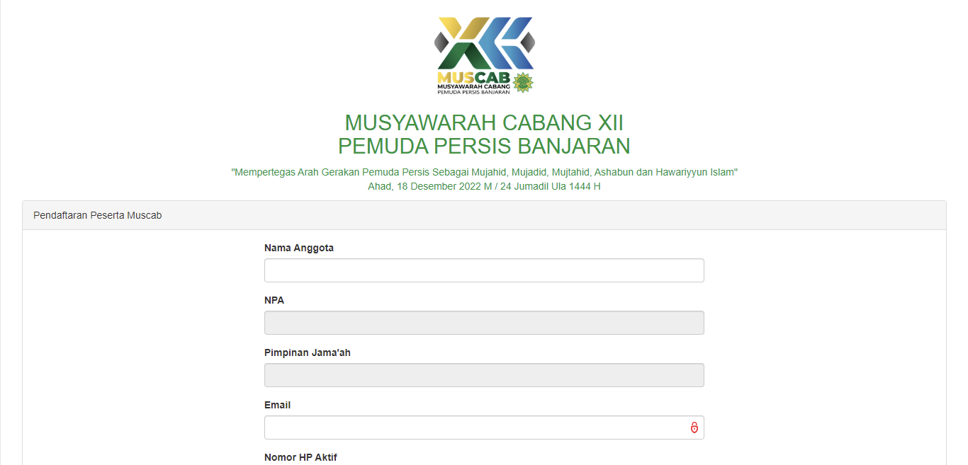Website Pendaftaran Peserta Musyawarah Cabang XII Pemuda Persis Banjaran
